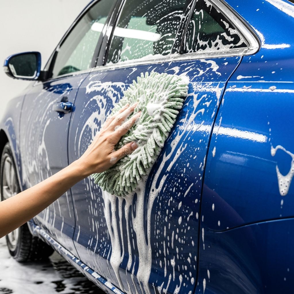 Car exterior being hand washed with soapy foam, no people
