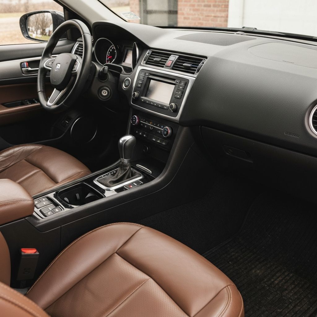 Immaculate clean car interior with vacuumed carpets and polished dashboard