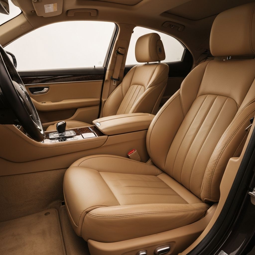 Clean conditioned leather car seat interior after professional detailing