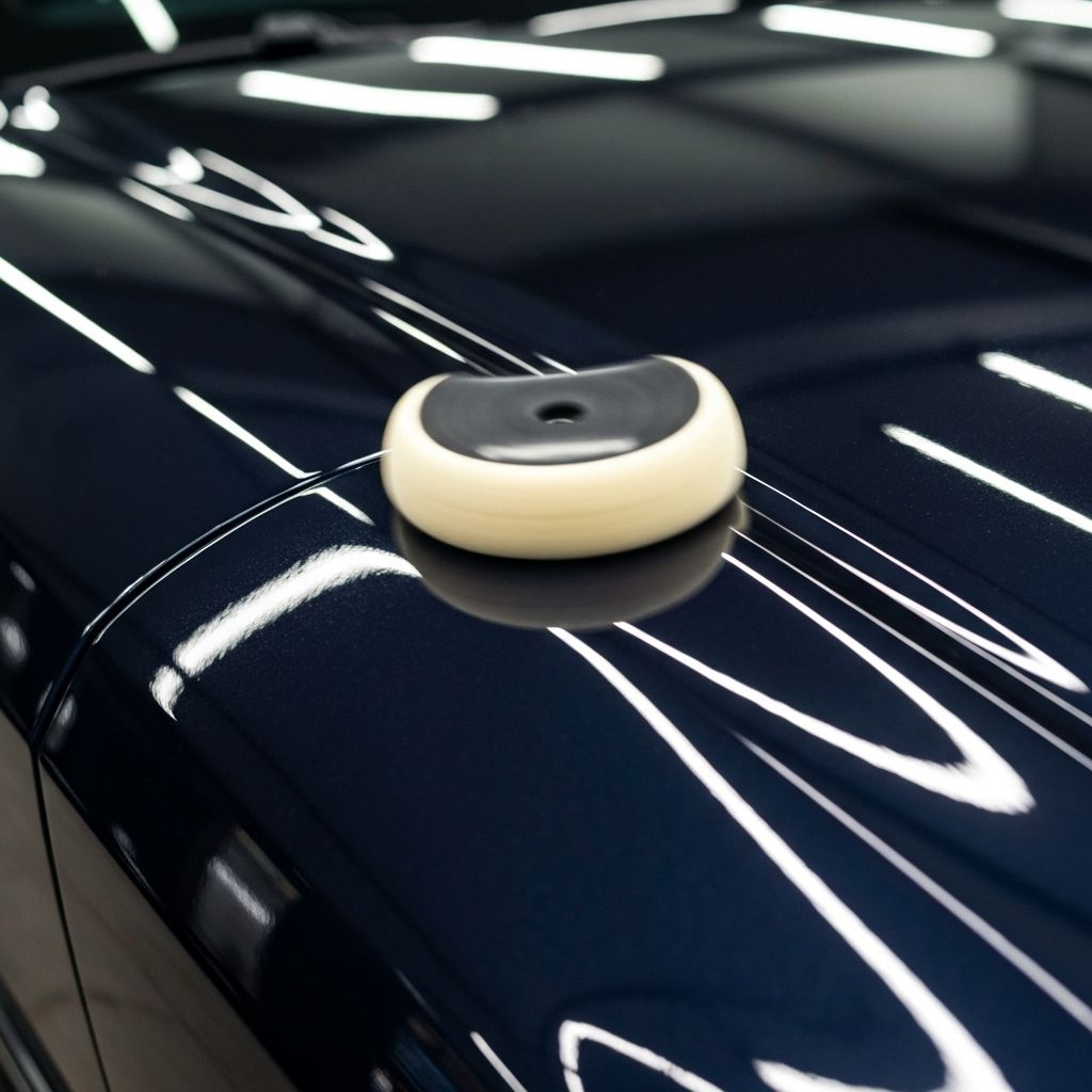 Car paint being waxed to a deep mirror shine, professional detailing